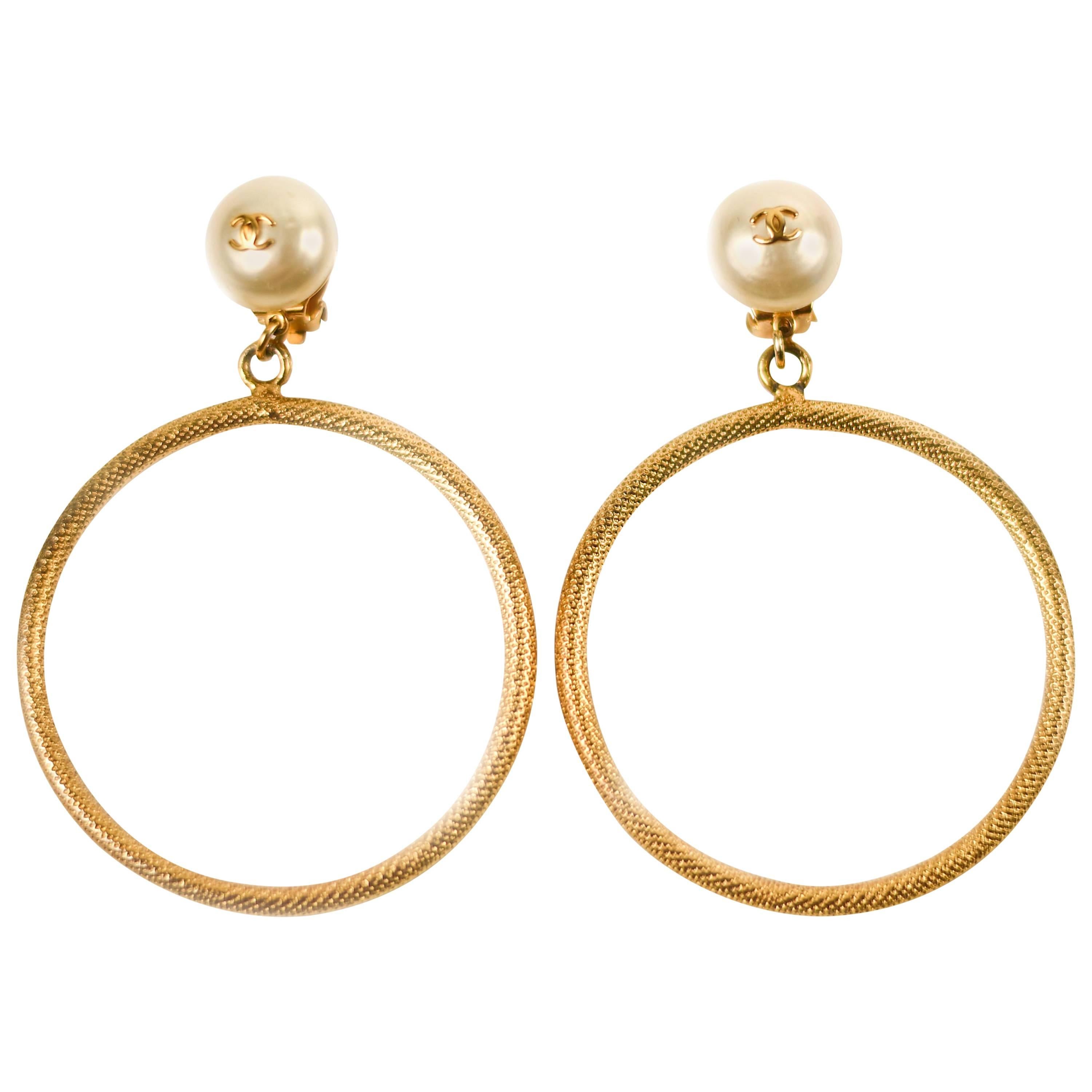 Chanel Pearl Hoop Earrings - CC Vintage Gold Clip On Logo 97P Ear Rings