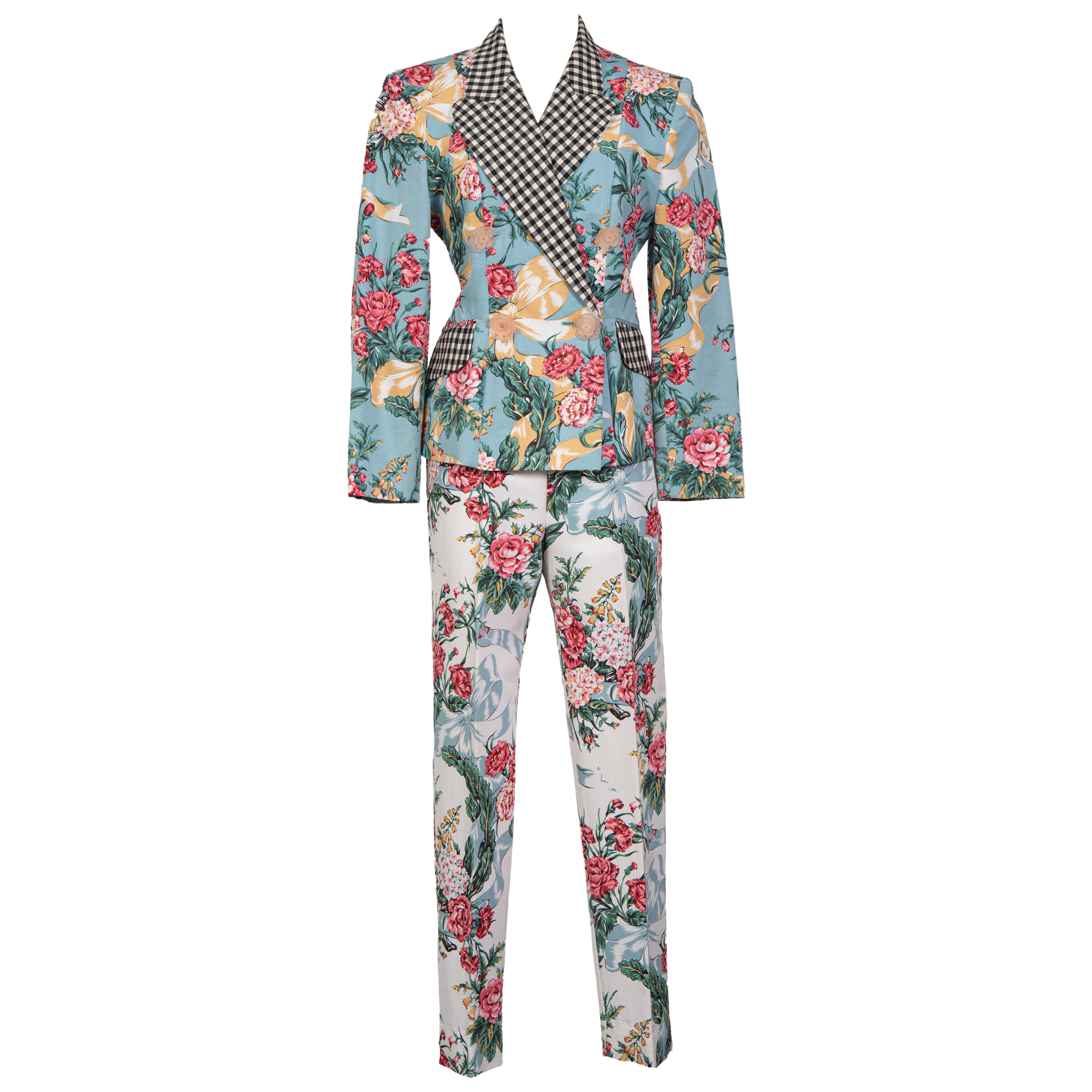 Début des années 1990 - Ensemble veste et pantalon MOSCHINO bleu blanc rose imprimé floral et à carreaux en vente