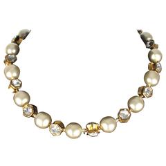 Chanel Crystal Pearl Necklace - Vintage Choker Gold Charm Bead Chain Logo CC