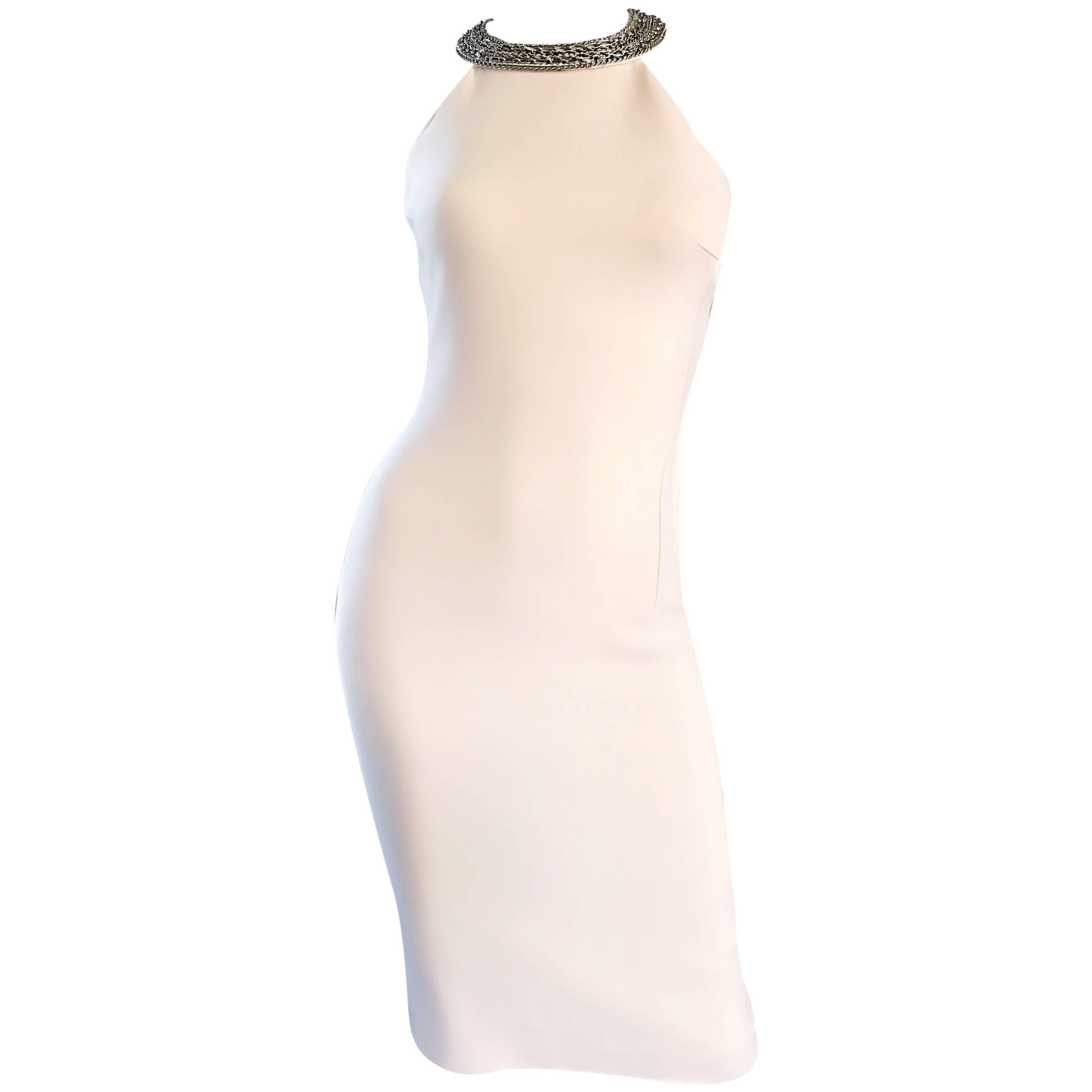 Michael Kors Collection Ivory Size 6 Grecian Silver Chain Neck Wool Runway Dress