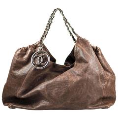 Chanel Caviar Brown CC Logo Handbag - Silver Charm Chain Leather Bag Coco Cabas