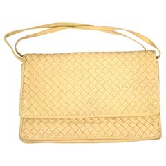 Used Bottega Veneta Shoulder Bag - Cream Woven Leather Gold Handbag Tan Beige