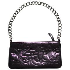Chanel Purple Camellia Leather Embossed Bag Metallic Handbag Silver CC Chain