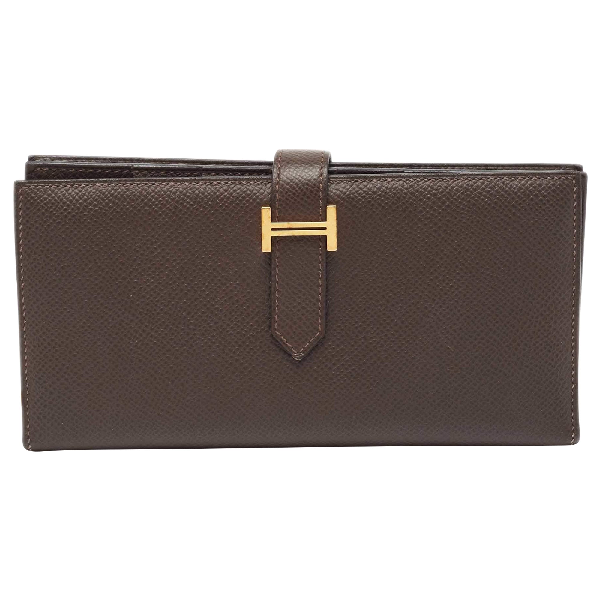 Hermés Chocolat Epsom Leather Bearn Gusset Wallet For Sale