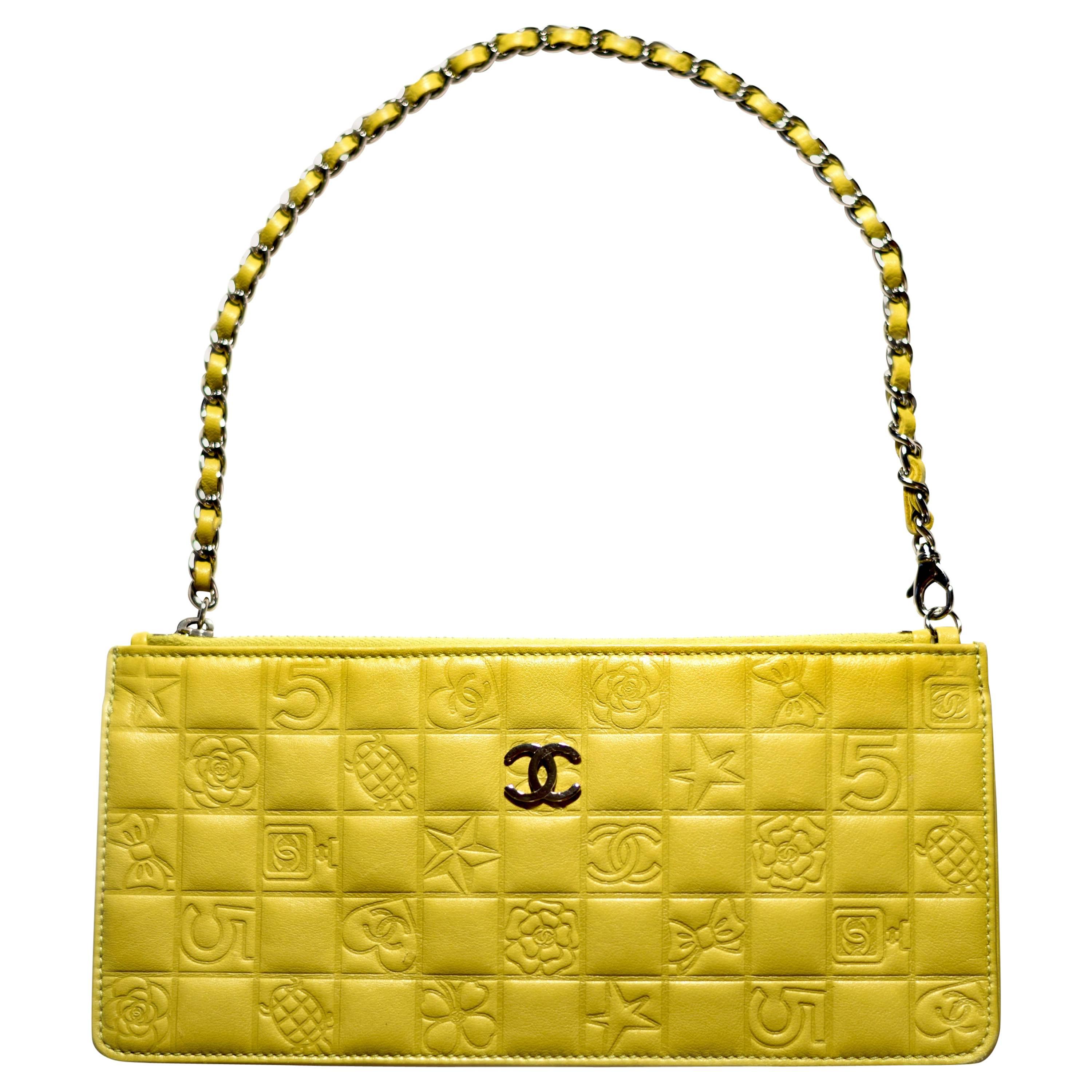 Chanel Lucky Charm Bag - Yellow Leather CC Symbols Silver Chain Clutch Handbag For Sale