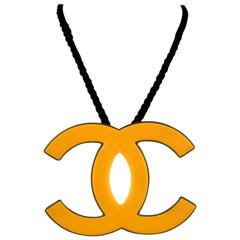 Chanel XL CC Necklace - Orange & Gold Charm Black Rope Pendant Logo 08C Large