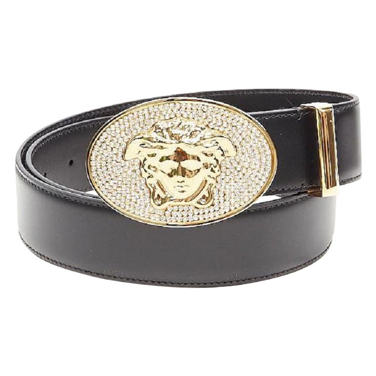 VERSACE La Medusa crystal encrusted gold buckle black belt 85cm 32-36" en vente