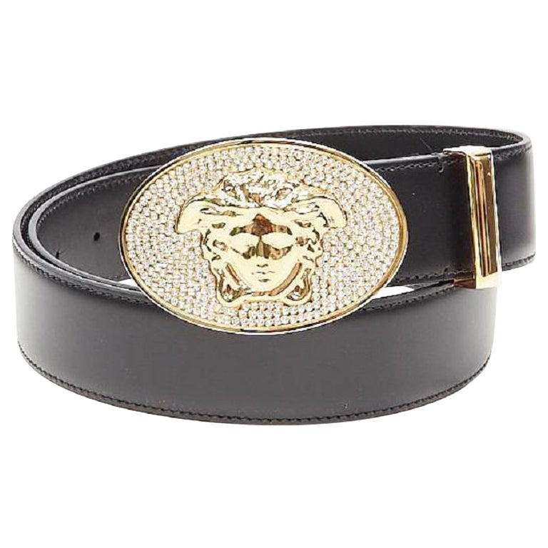 VERSACE La Medusa crystal gold buckle black leather belt 110cm 42-46" For Sale