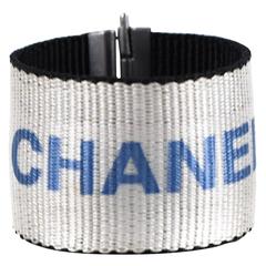 Chanel Bracelet - White & Blue Logo Silver Sport Wide Nylon Bangle Cuff Charm