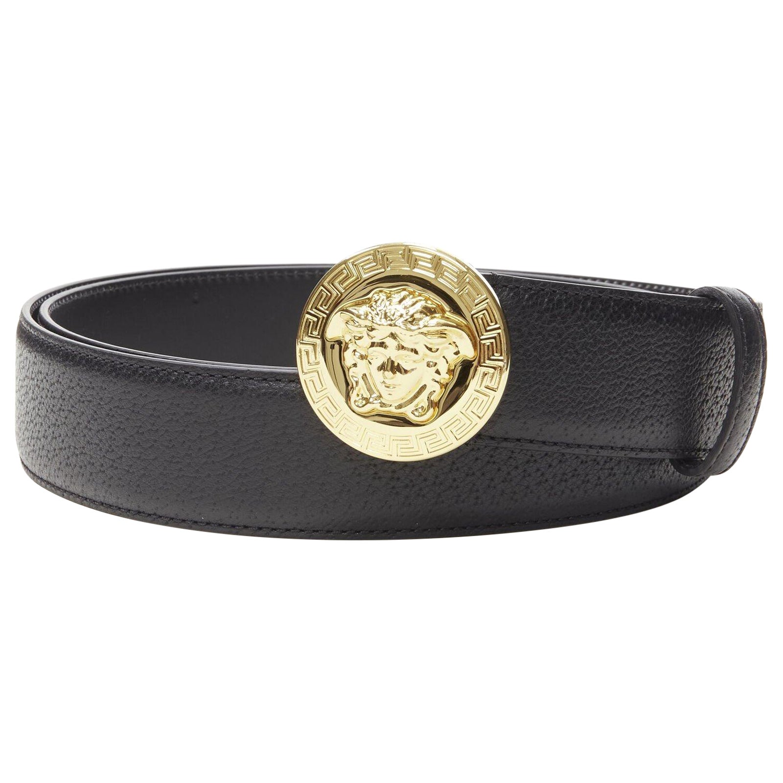 VERSACE Medusa Medallion Coin gold black leather belt 110cm 42-46" For Sale