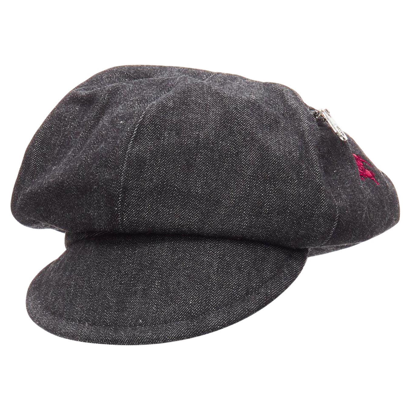 Burberry Vintage noir denim logo broderie zip poche newboy chapeau Sz 54 en vente