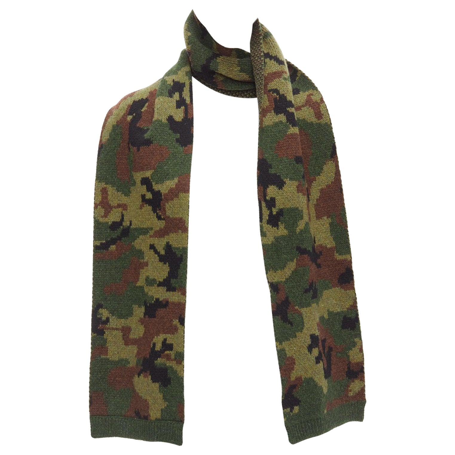 MIU MIU 2019 100% virgin woo green brown camouflage jacquard long scarf For Sale