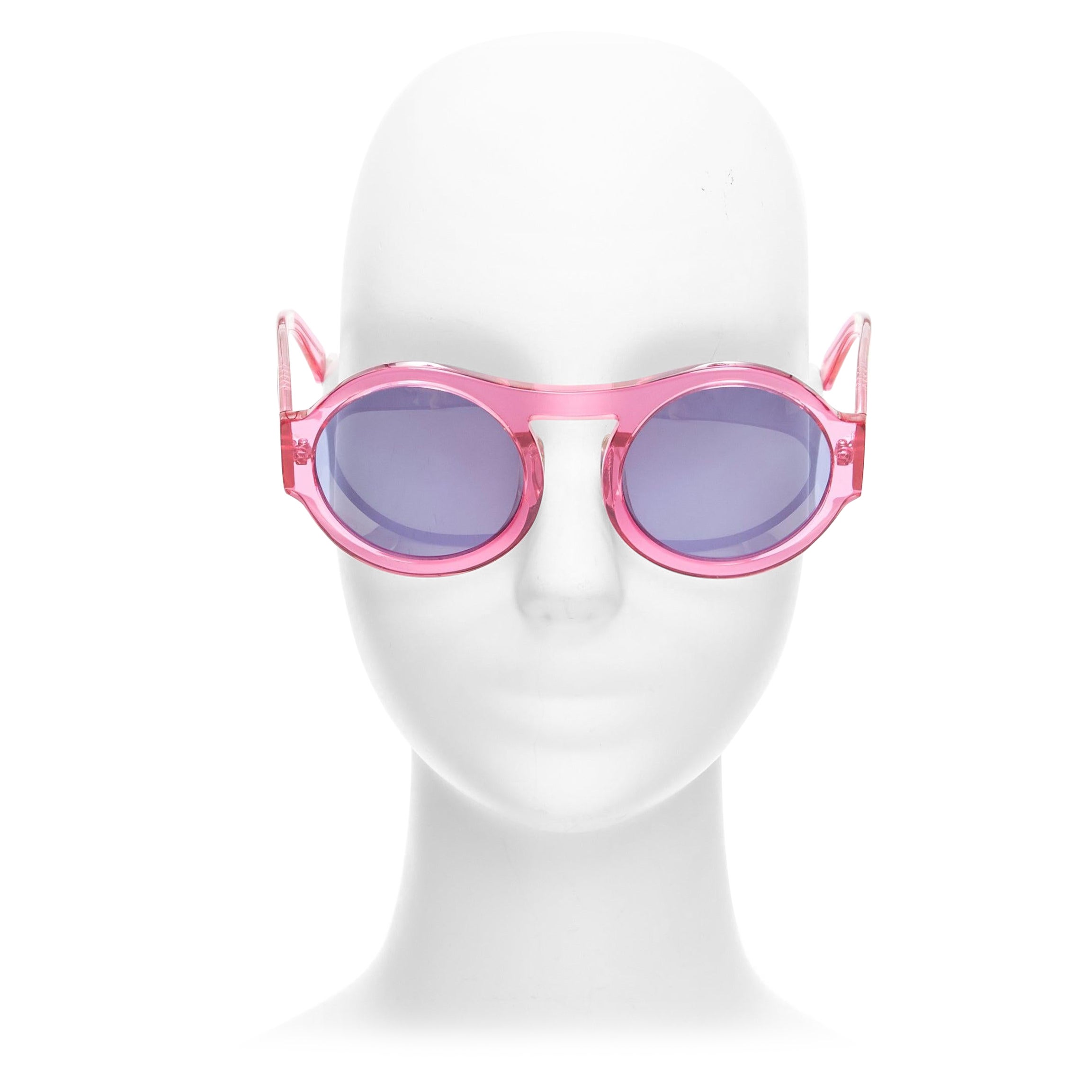 KAREN WALKER Bunny 1101405 clear pink round frame dark blue lens sunglasses For Sale