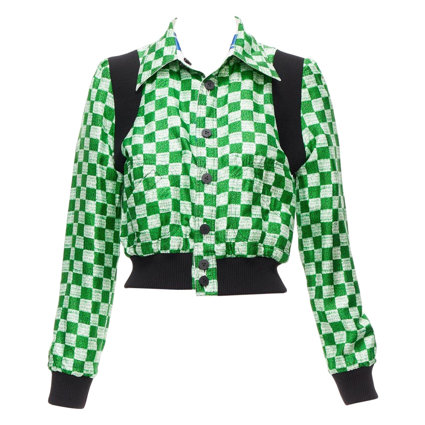 LOUIS VUITTON 2022 100% silk Reversible green Damier cropped jacket FR34 XS For Sale