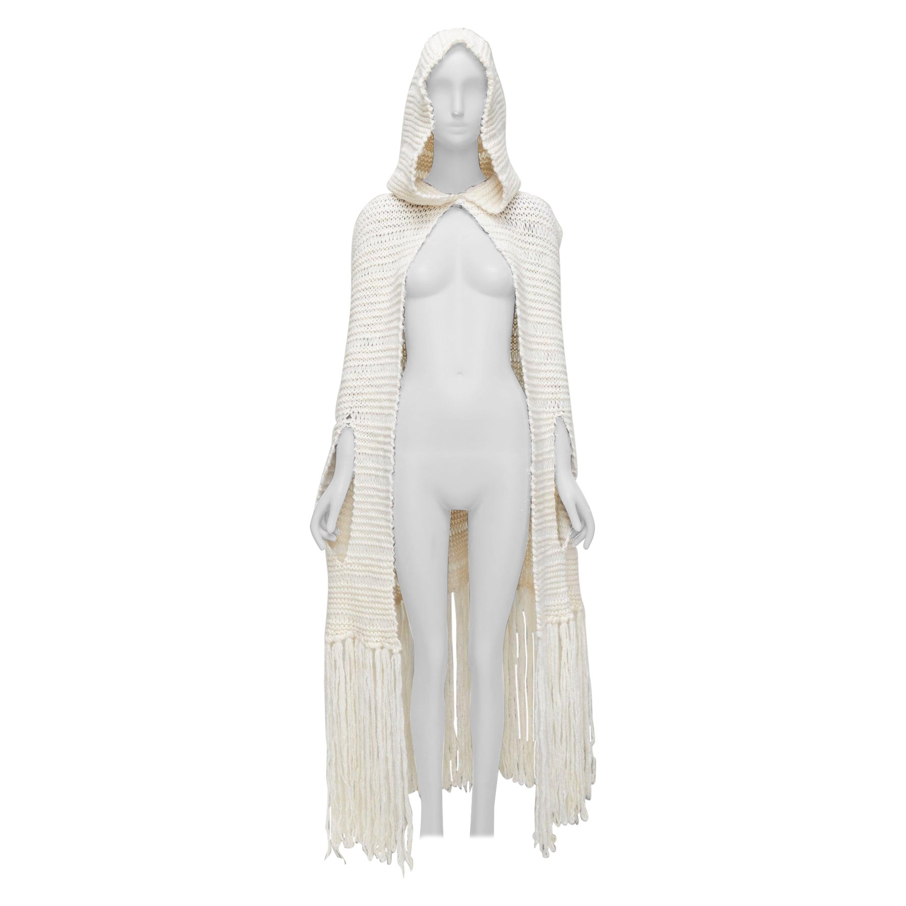 DIOR HOMME Hedi Slimane 2005 cream wool mohair tassel knit hooded cape For Sale