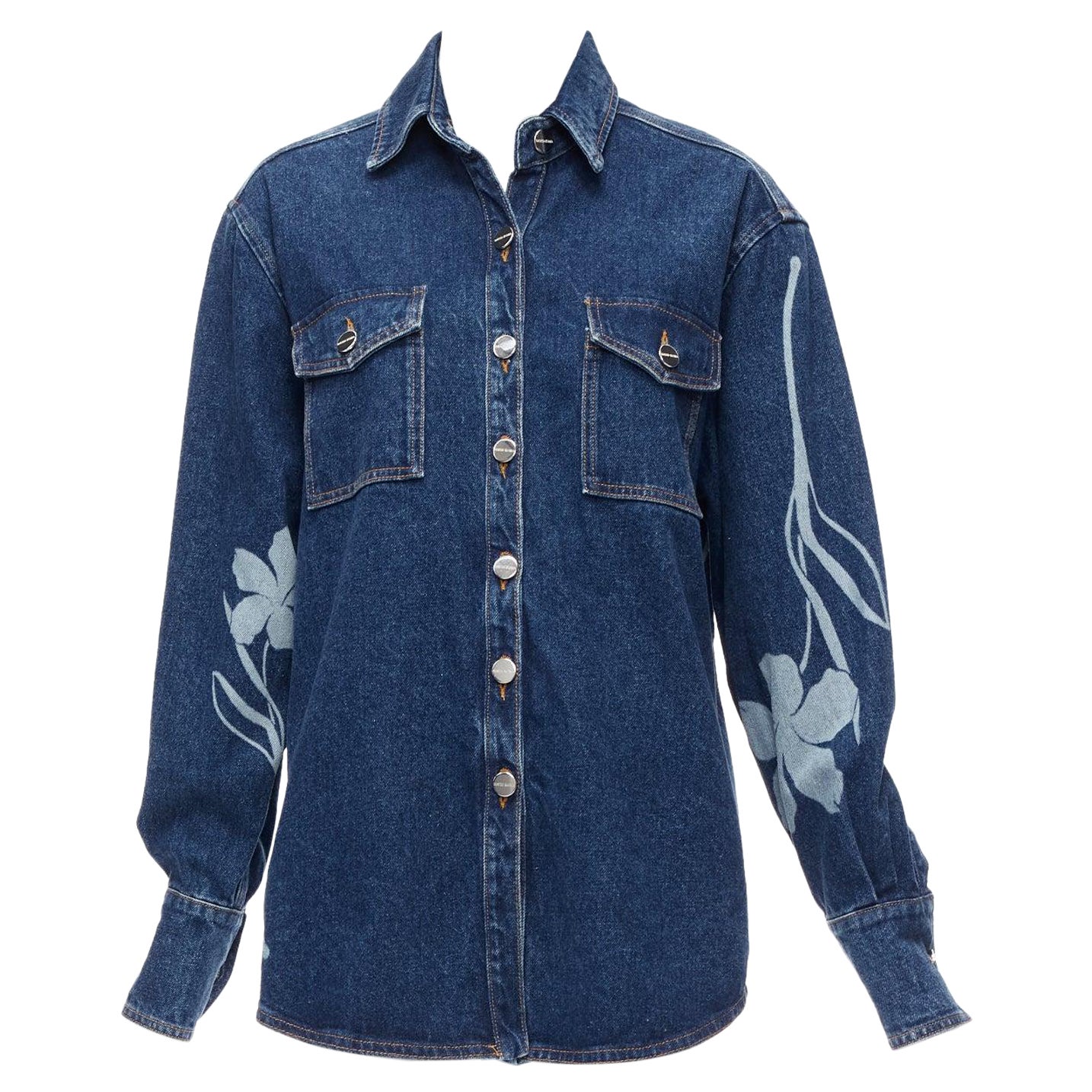DAVID KOMA 2022 blue organic cotton floral silver logo button shirt UK6 XS For Sale