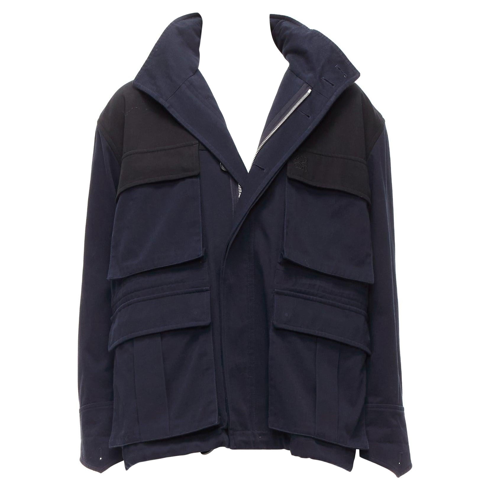 LOEWE navy black anagram cotton multi pocket military field jacket IT46 S en vente