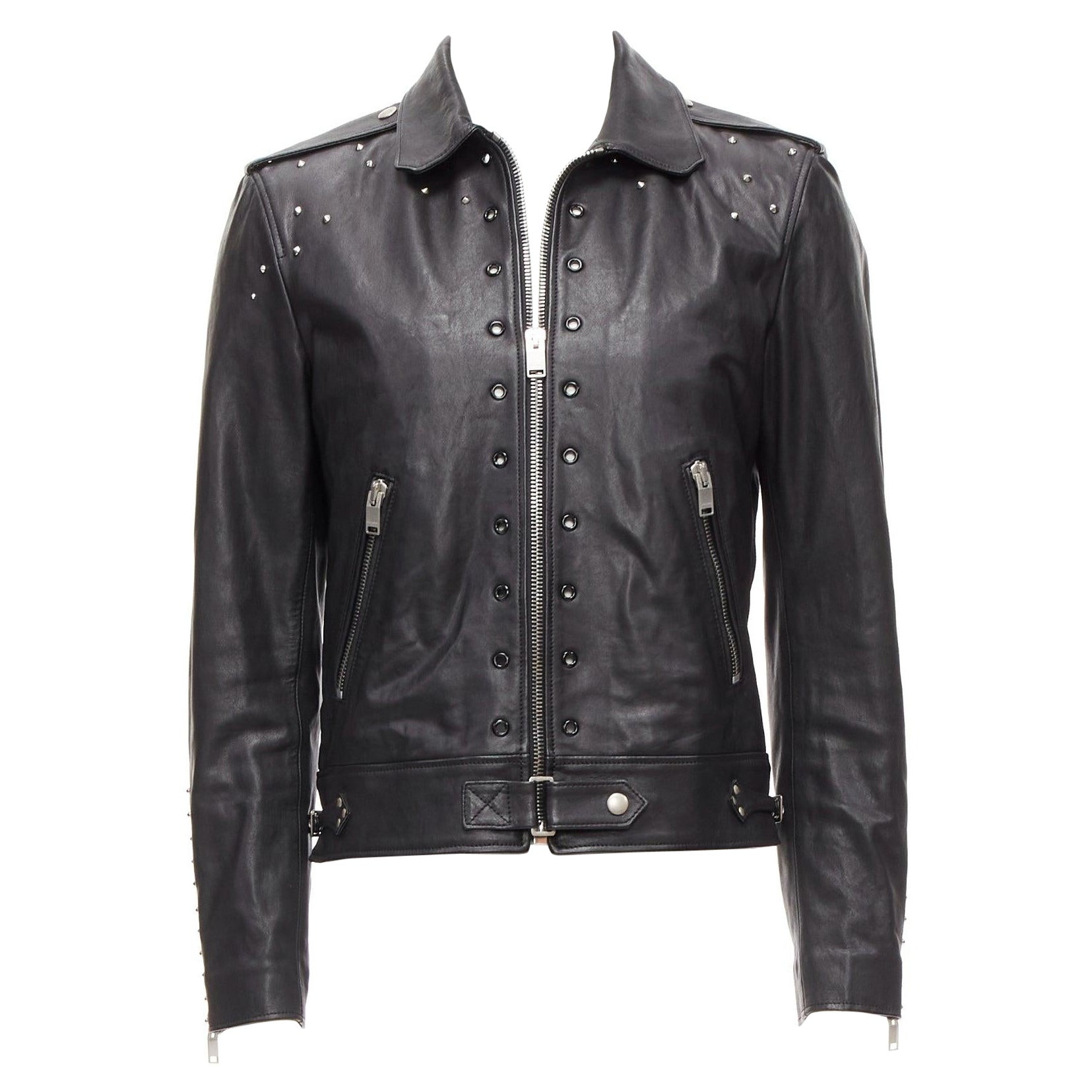 SAINT LAURENT Hedi Slimane 2013 black lambskin leather studded biker FR48 M For Sale