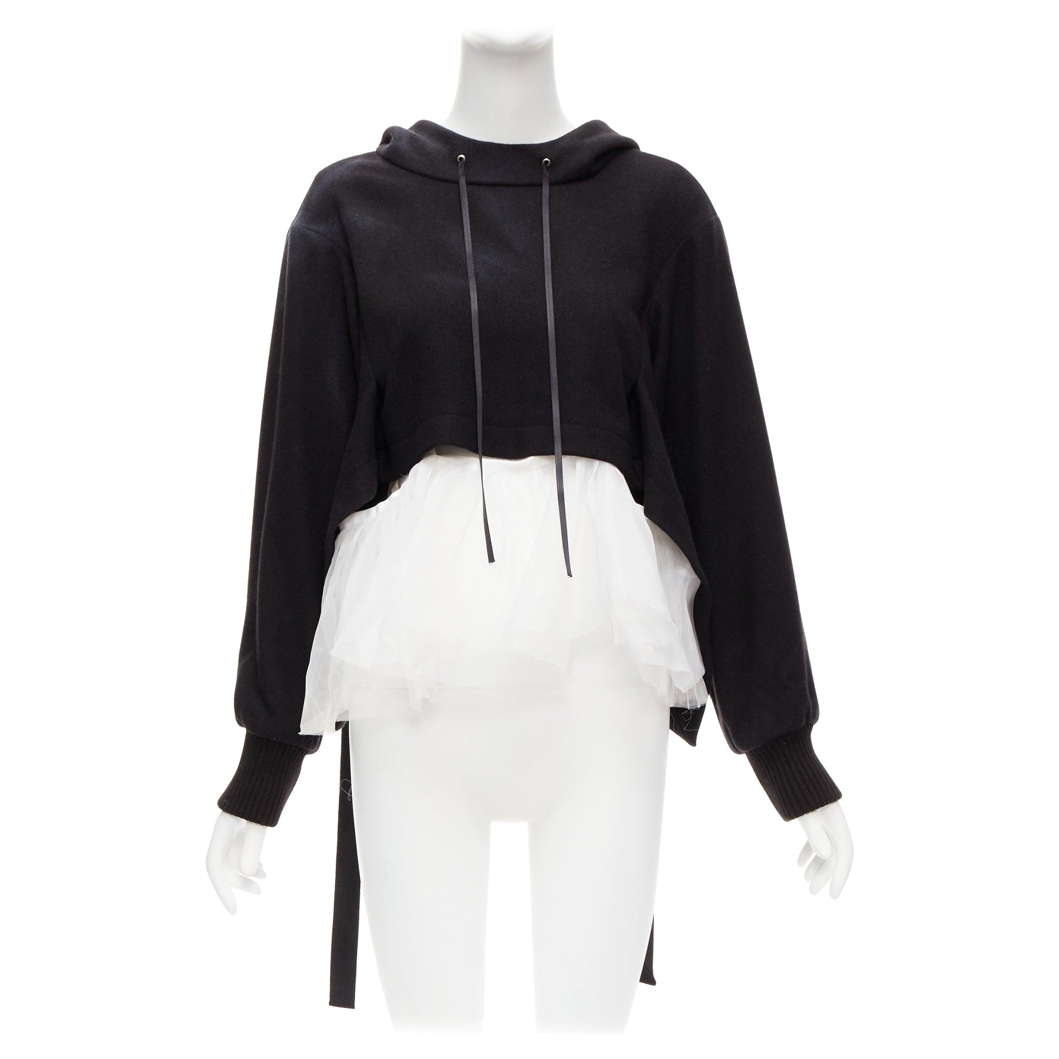SHANSHAN RUAN black black yak white silk detachable tulle layer hoodie FR36 XS For Sale