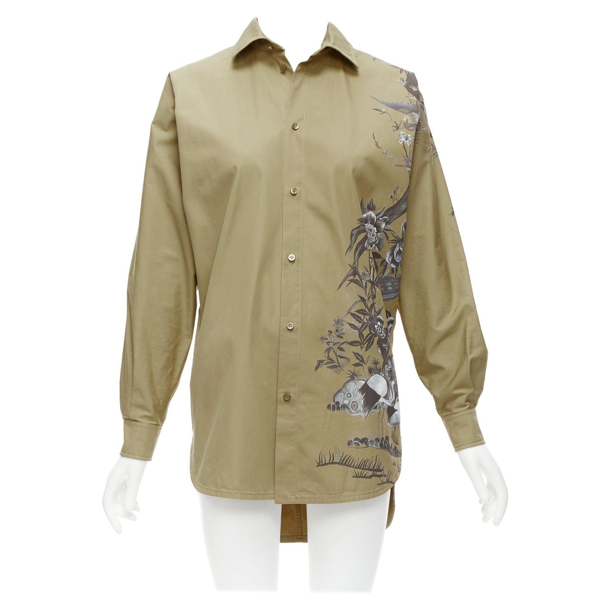 CHRISTIAN DIOR 2022 Jardin dhiver khaki bird flower dress shirt FR34 XS For Sale