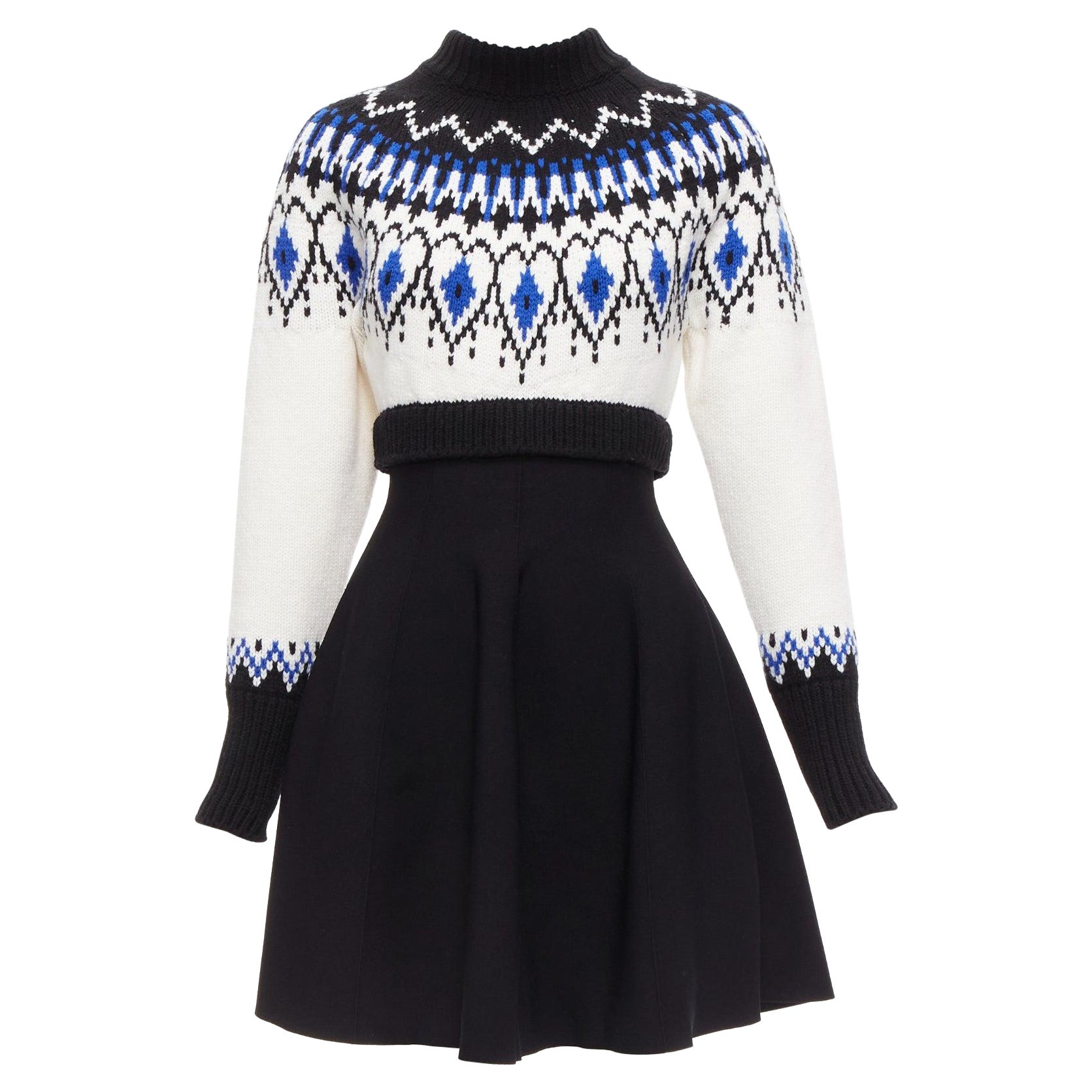 ALEXANDER MCQUEEN 2022 100%wool blue black fairisle long sleeve sweater dress XS For Sale