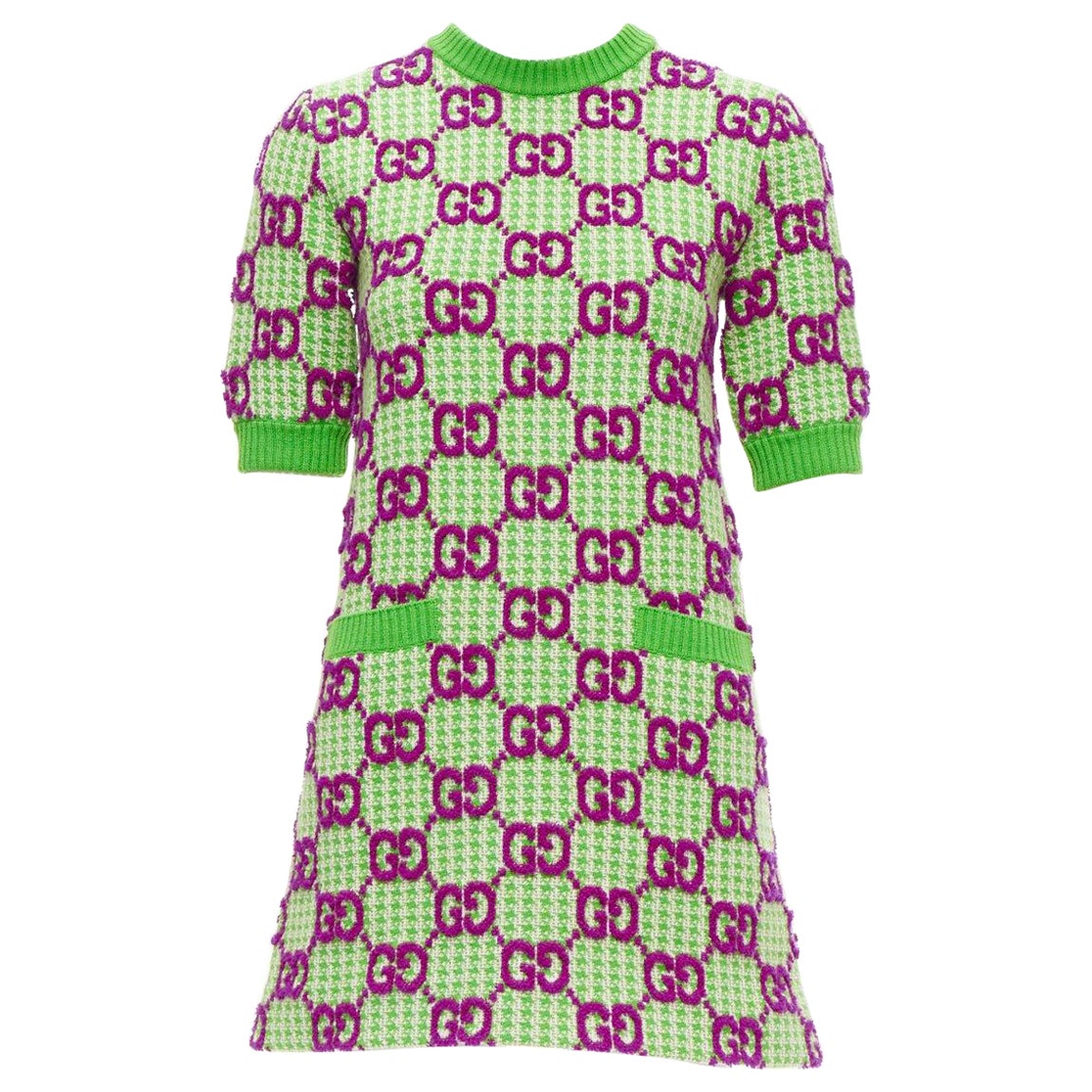 GUCCI 2022 purple green  wool GG monogram jacquard crew sweater dress XXS For Sale