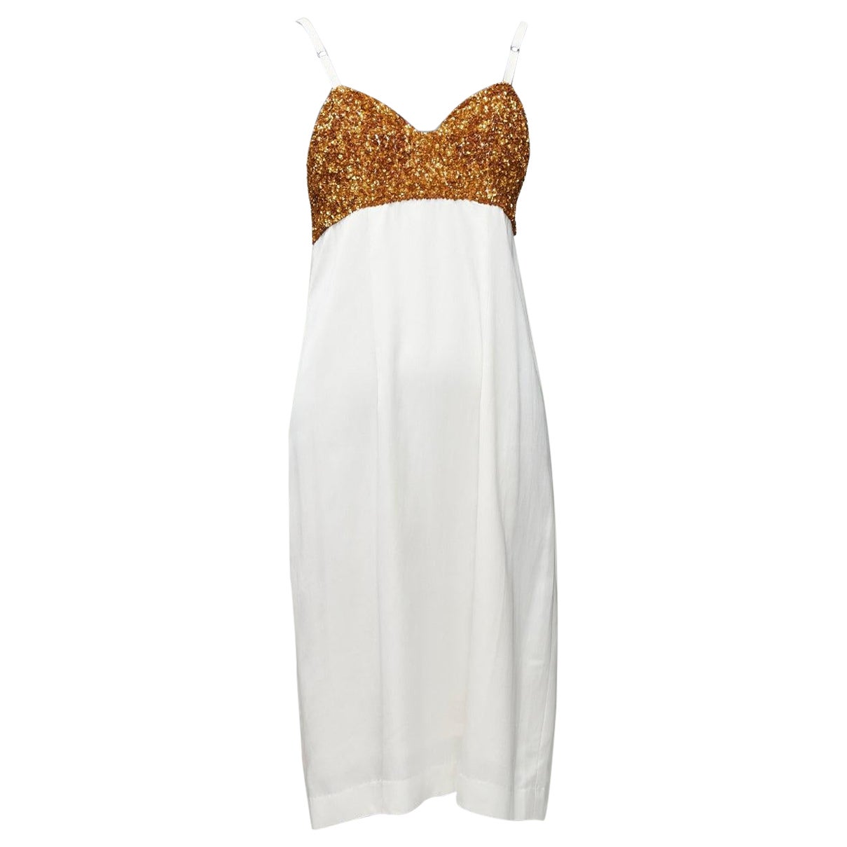 DRIES VAN NOTEN Runway gold sequins bust white satin strappy slip dress FR36 S For Sale