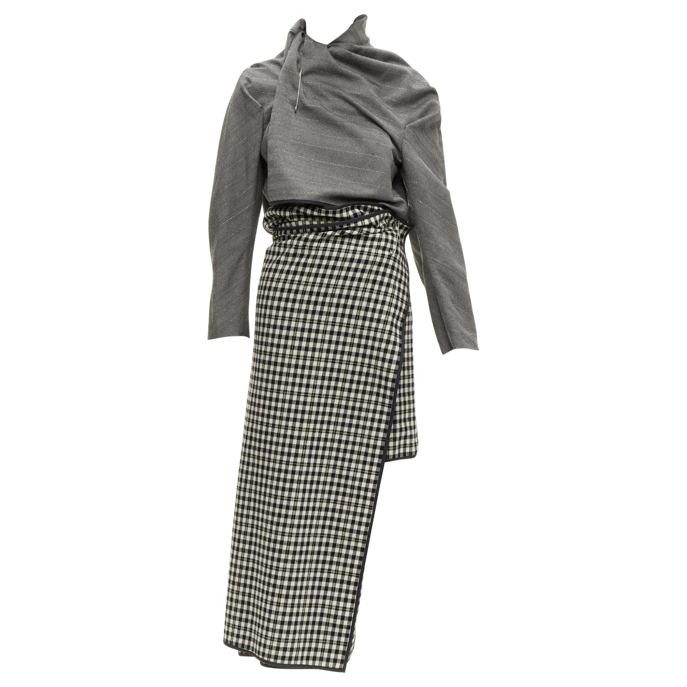 COMME DES GARCONS 1999 Vintage Runway grey wrap jacket checked skirt set For Sale