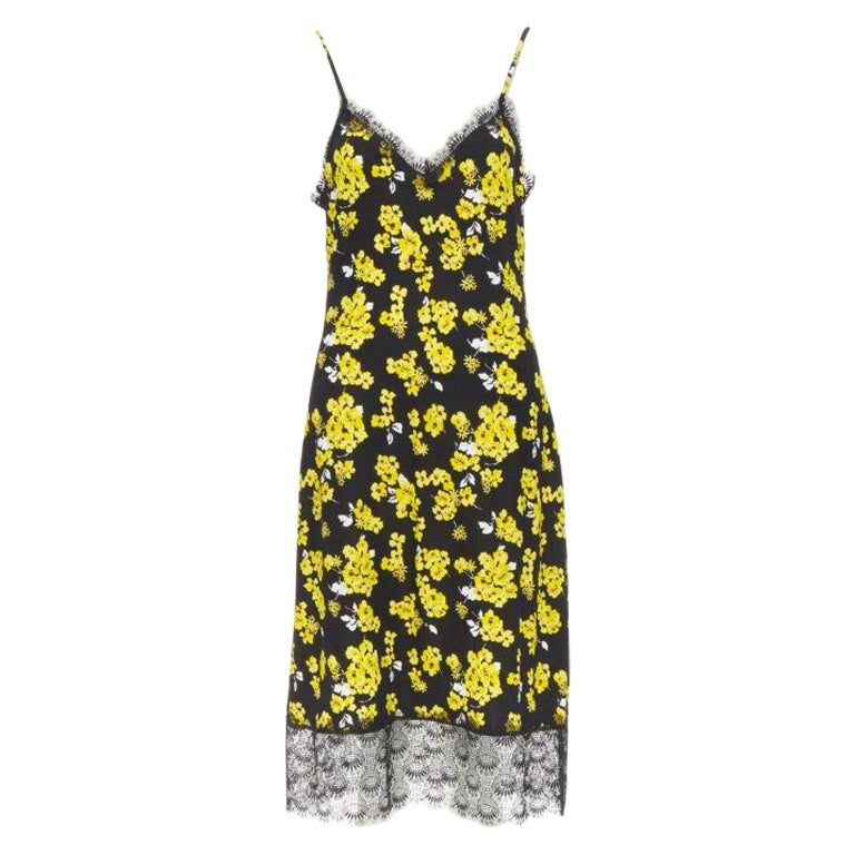 MICHAEL MICHAEL KORS black yellow floral print lace trimmed summer dress M For Sale