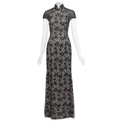 SHANGHAI TANG black beige floral lace overlay Qipao collar midi dress S