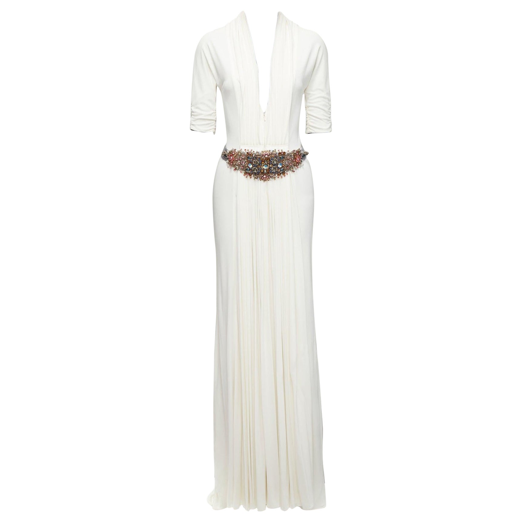 REEM ACRA white pleated colourful jewel grey belt deep V grecian gown US2 S For Sale