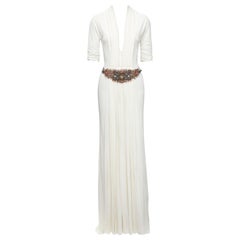 REEM ACRA white pleated colourful jewel grey belt deep V grecian gown US2 S