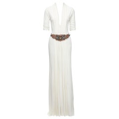 REEM ACRA blanc plissé coloré ceinture gris bijou V profond robe grecque US2 S