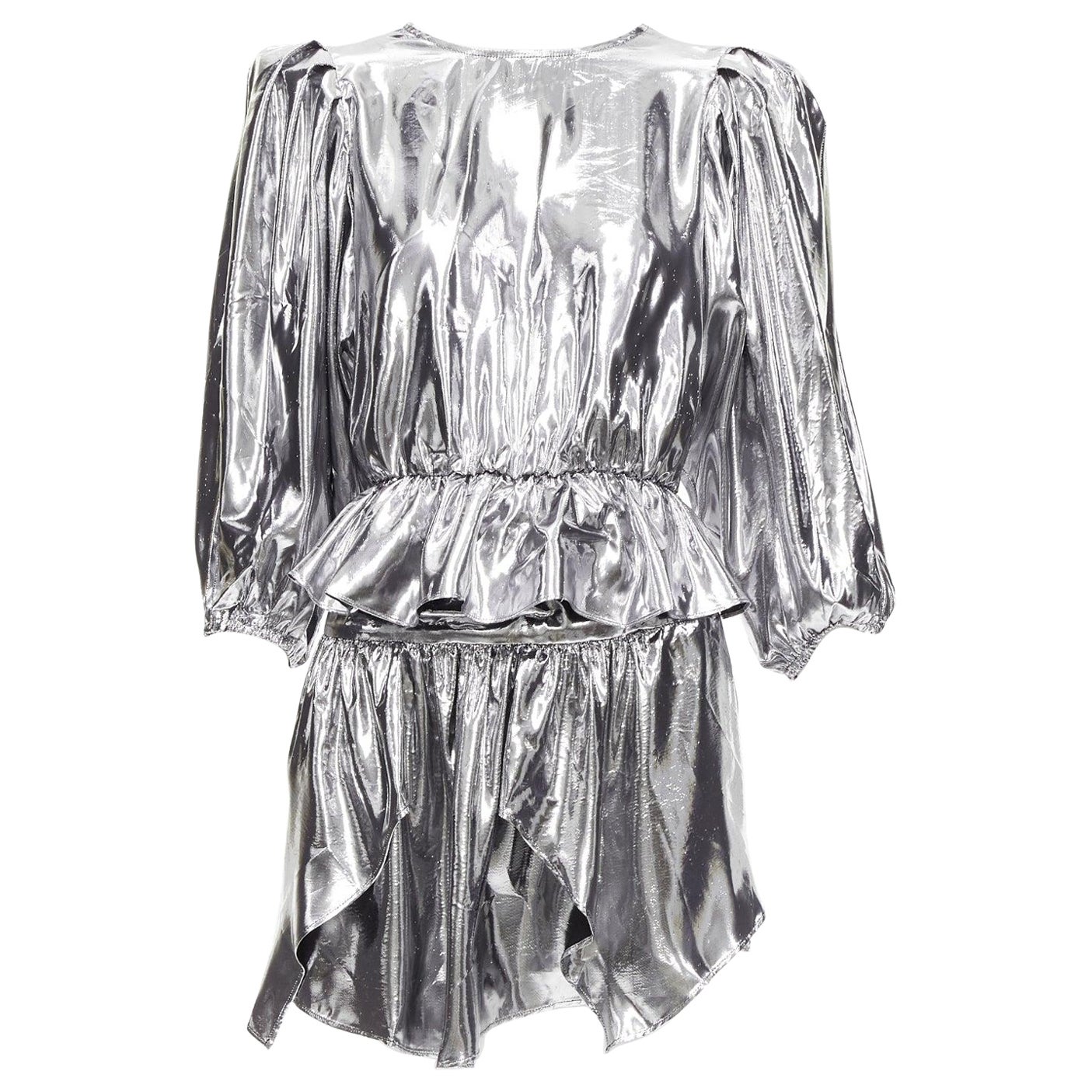 ISABEL MARANT metallic silver silk blend puff sleeve top flare skirt FR34 XS For Sale