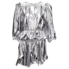 ISABEL MARANT metallic silver silk blend puff sleeve top flare skirt FR34 XS