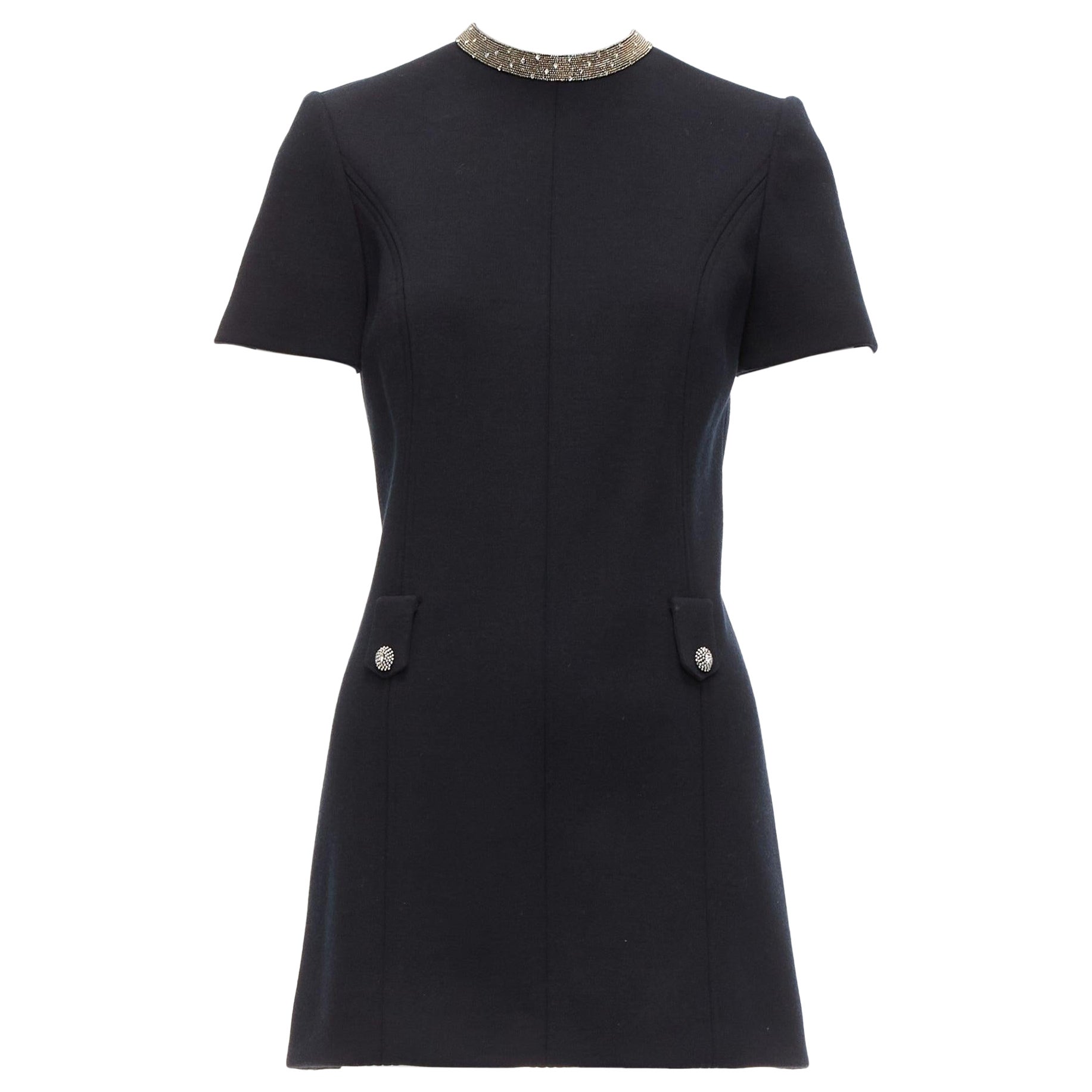 SAINT LAURENT black 100% wool diamante collar silk lined shift dress FR36 S For Sale