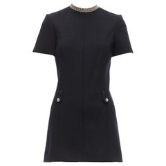 SAINT LAURENT black 100% wool diamante collar silk lined shift dress FR36 S