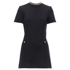 SAINT LAURENT black 100% wool diamante collar silk lined shift dress FR36 S