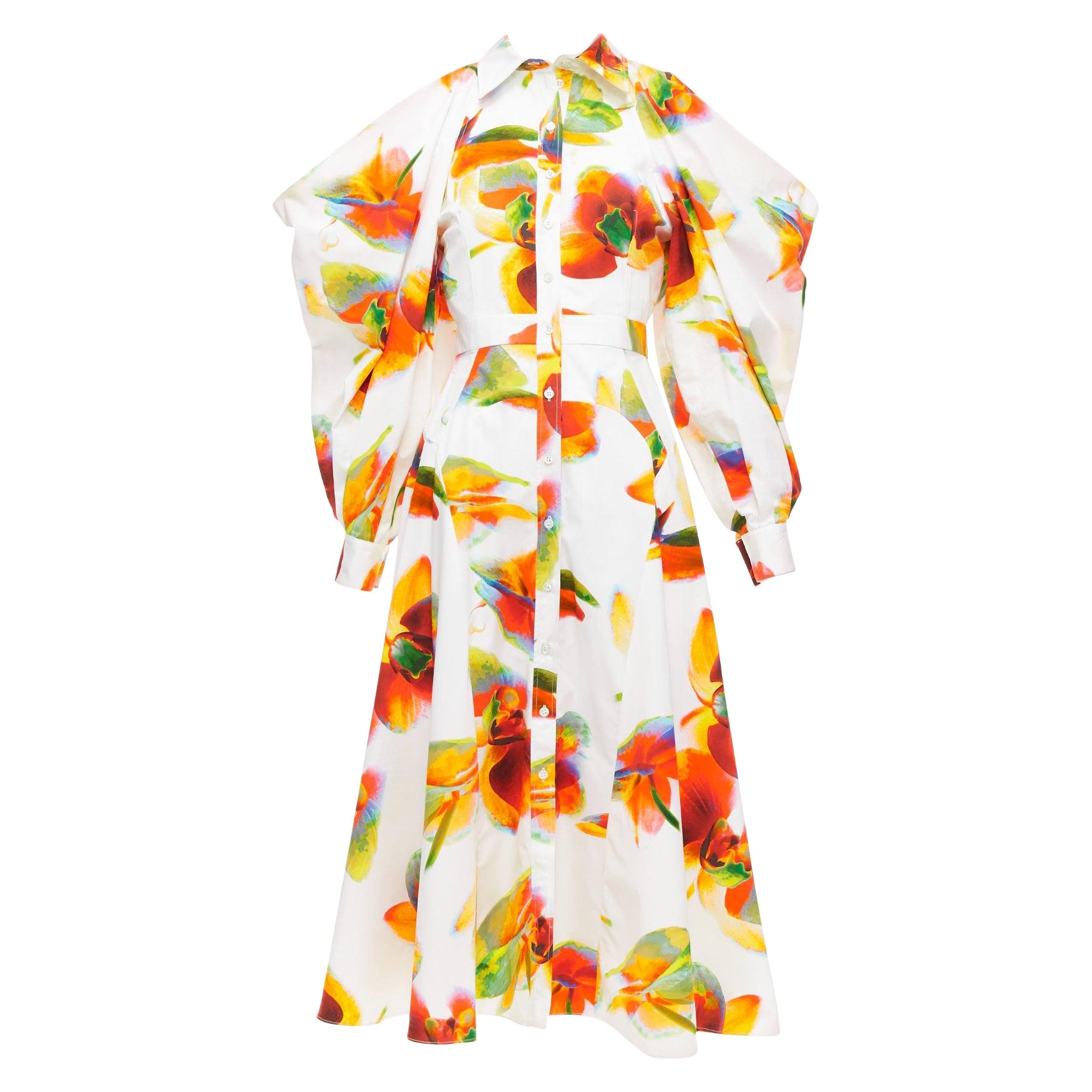 ALEXANDER MCQUEEN 2023 Solarised Orchid floral slash shoulder dress IT38 XS For Sale