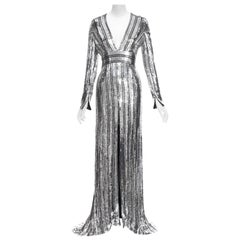 GALVAN LONDON 1616 Stardust silver black sequin deep V slit sleeve gown IT36 XXS
