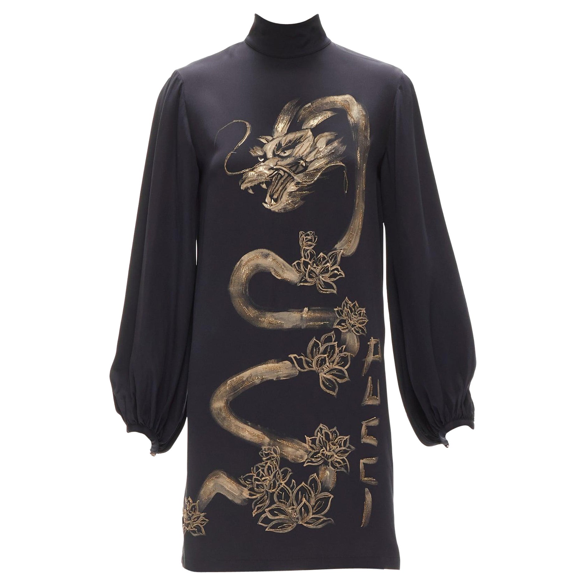 EMILIO PUCCI 2013 Runway gold beaded oriental Dragon black silk dress IT40 S