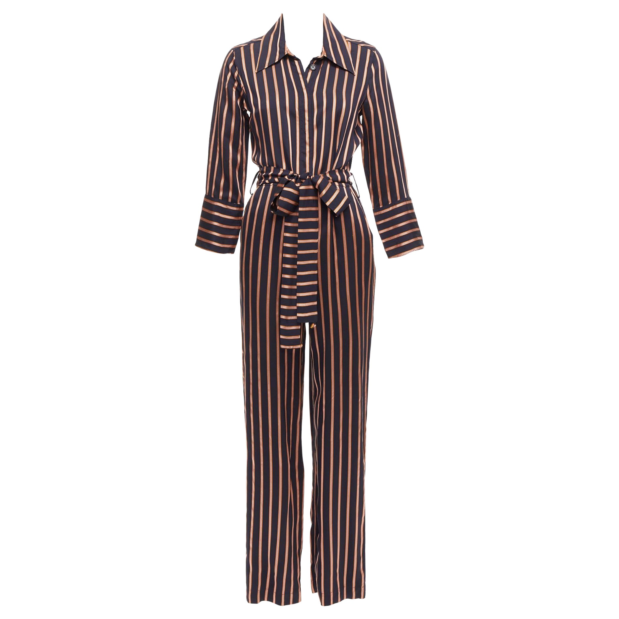 MIH JEANS Dexy brown black striped viscose tie belt jacquard jumpsuit S For Sale