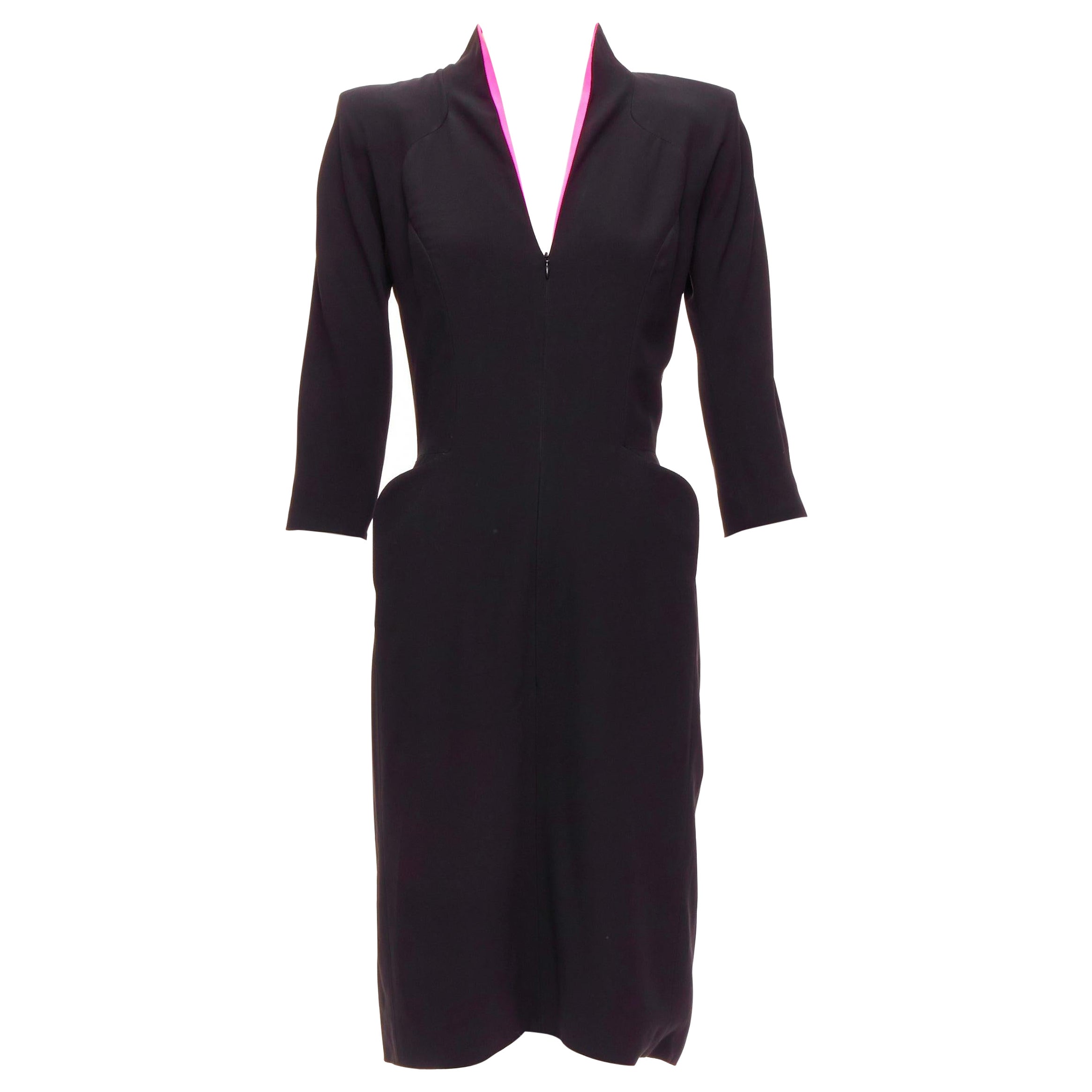 ALEXANDER MCQUEEN 2008 Vintage black pink lined collar curved pocket dress IT40 For Sale