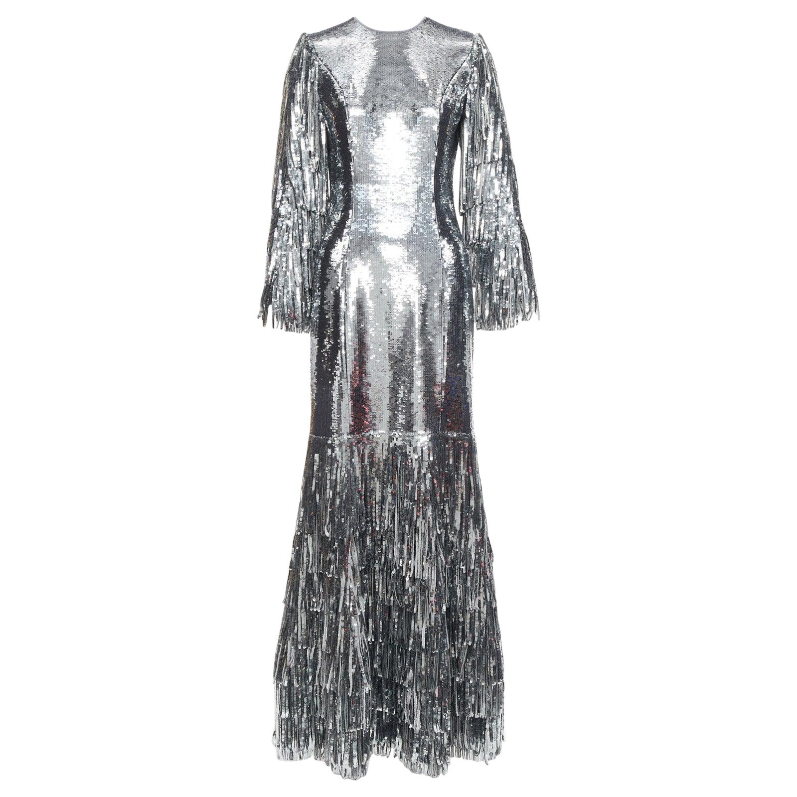 HUISHAN ZHANG paillettes argentées franges soie doublée robe sirène UK6 XS en vente