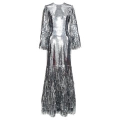 Used HUISHAN ZHANG silver sequins fringe detail silk lined mermaid gown dress UK6 XS