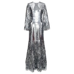 HUISHAN ZHANG silver sequins fringe detail silk lined mermaid gown dress UK6 XS