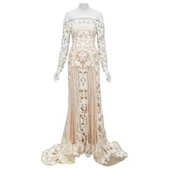 Retro ZUHAIR MURAD Bridal 2015 Runway white pearl embellished wedding gown IT36 XXS