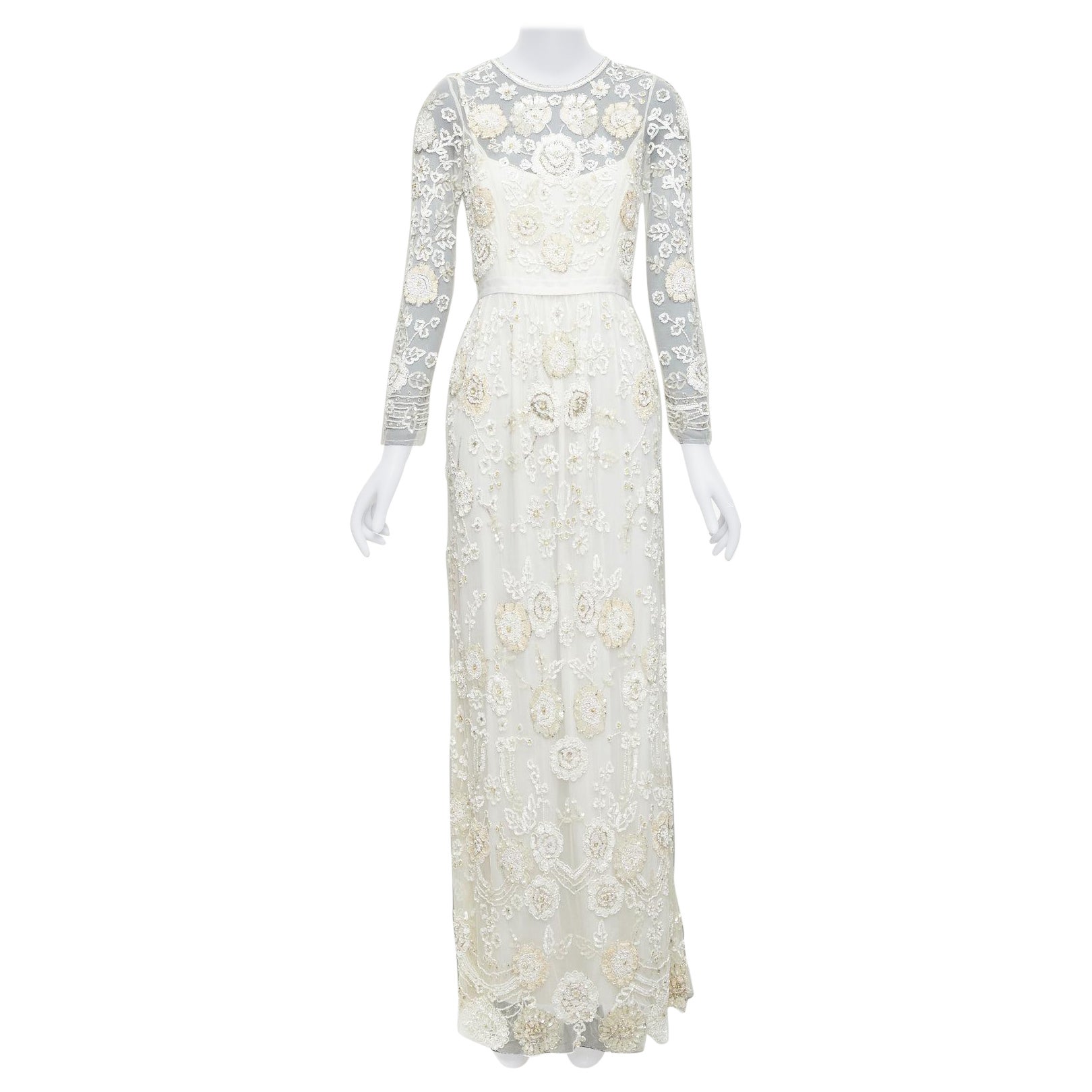 NEEDLE & THREAD Bridal white silver beads embellish chiffon overlay gown UK6 XS