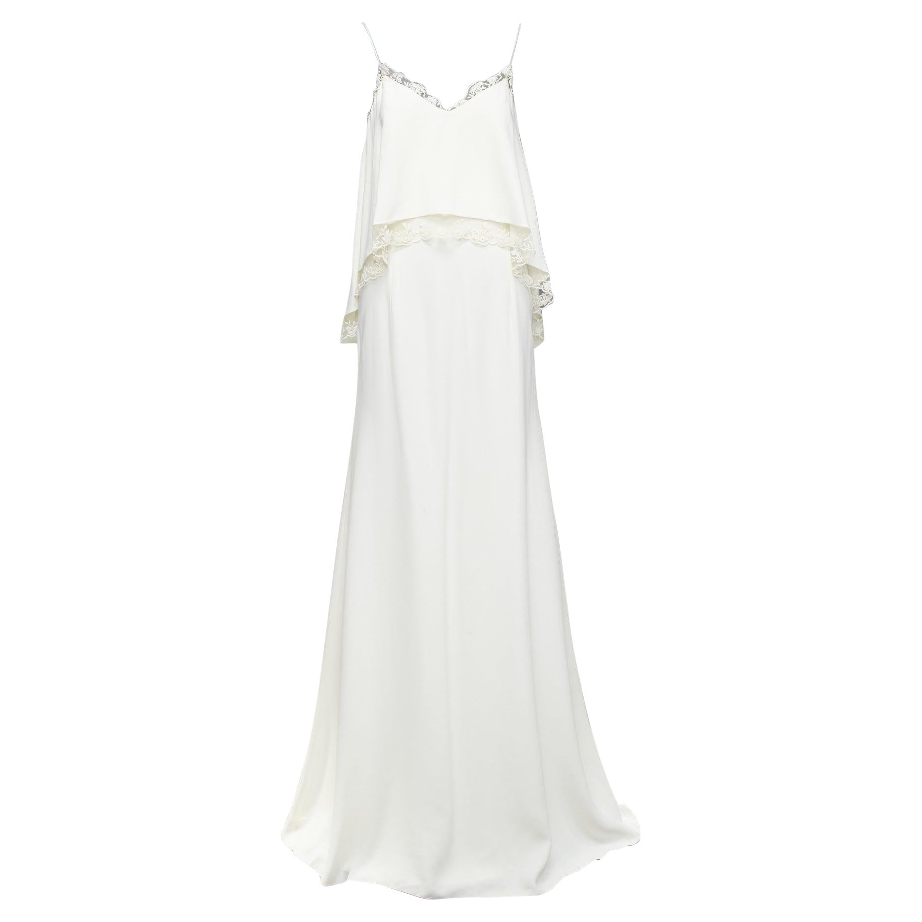 RIME ARODAKY Lavender white spaghetti strap lace trim layered long dress US0 XS For Sale