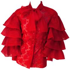 80s Red Lace Chiffon Puff Layered Sleeve Blouse  